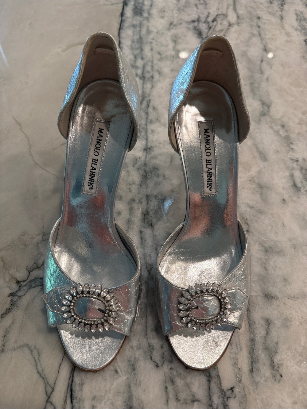 Manolo Blahnik Silver Embellished Open-Toe Heels